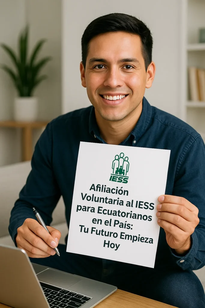 oven ecuatoriano afiliándose voluntariamente al IESS desde su laptop, mostrando el formulario con la inscripción activa, aportes mensuales, beneficios de salud y pensión, seguridad social en Ecuador, afiliación independiente y registro al seguro social sin relación laboral. afiliación voluntaria al IESS