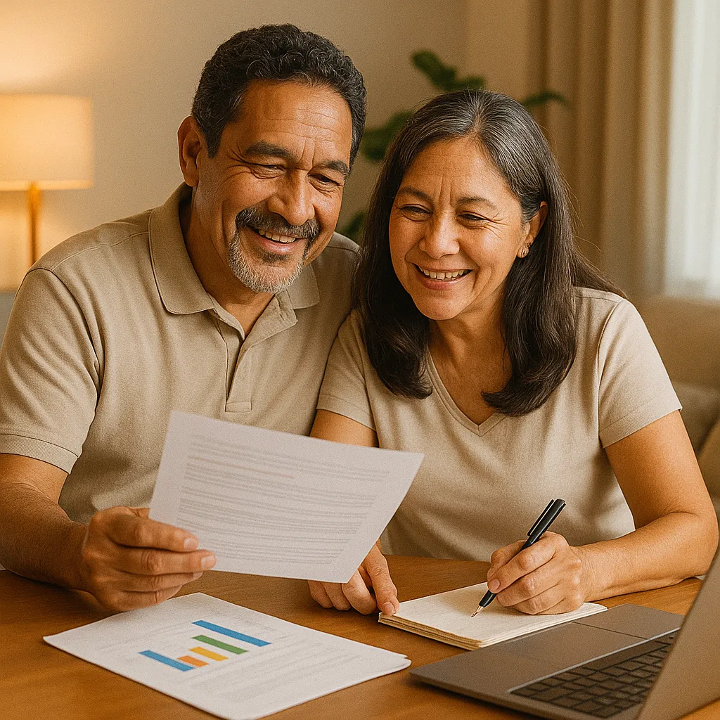 Pareja ecuatoriana planificando su jubilaci贸n desde casa, revisando su fondo de retiro, aportes al IESS, estrategias de ahorro previsional, pensi贸n de vejez, calculadora de jubilaci贸n, inversi贸n para el retiro y requisitos para jubilarse en Ecuador, con documentos y laptop sobre la mesa, transmitiendo tranquilidad y seguridad financiera para el futuro, C贸mo Planificar tu Jubilaci贸n con el IESS en Ecuador para un Futuro Seguro