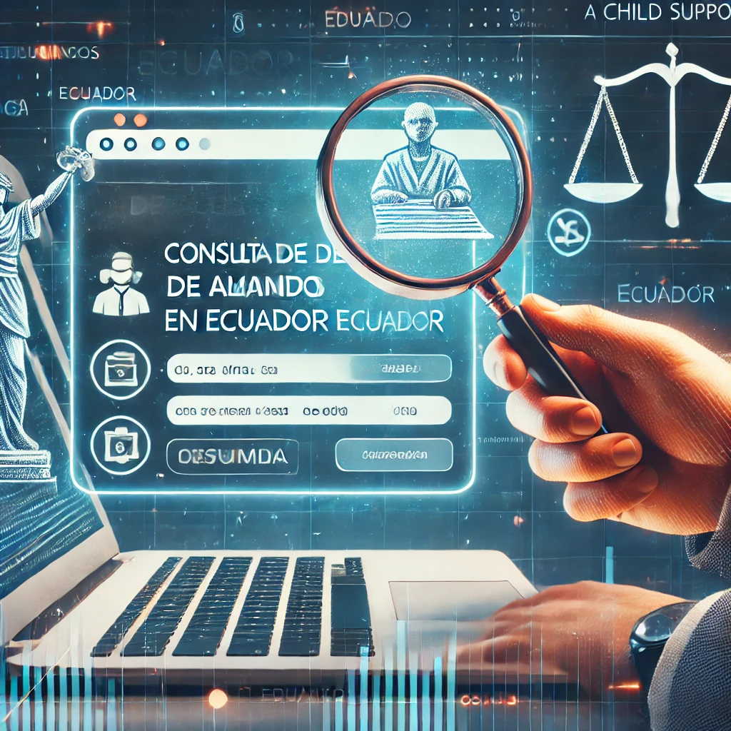 Consulta de demanda de alimentos en Ecuador - Ilustración digital que representa a una persona verificando en línea si tiene una demanda de pensión alimenticia. La imagen muestra un ordenador con una lupa resaltando documentos legales, enfatizando la importancia de los trámites judiciales en Ecuador.