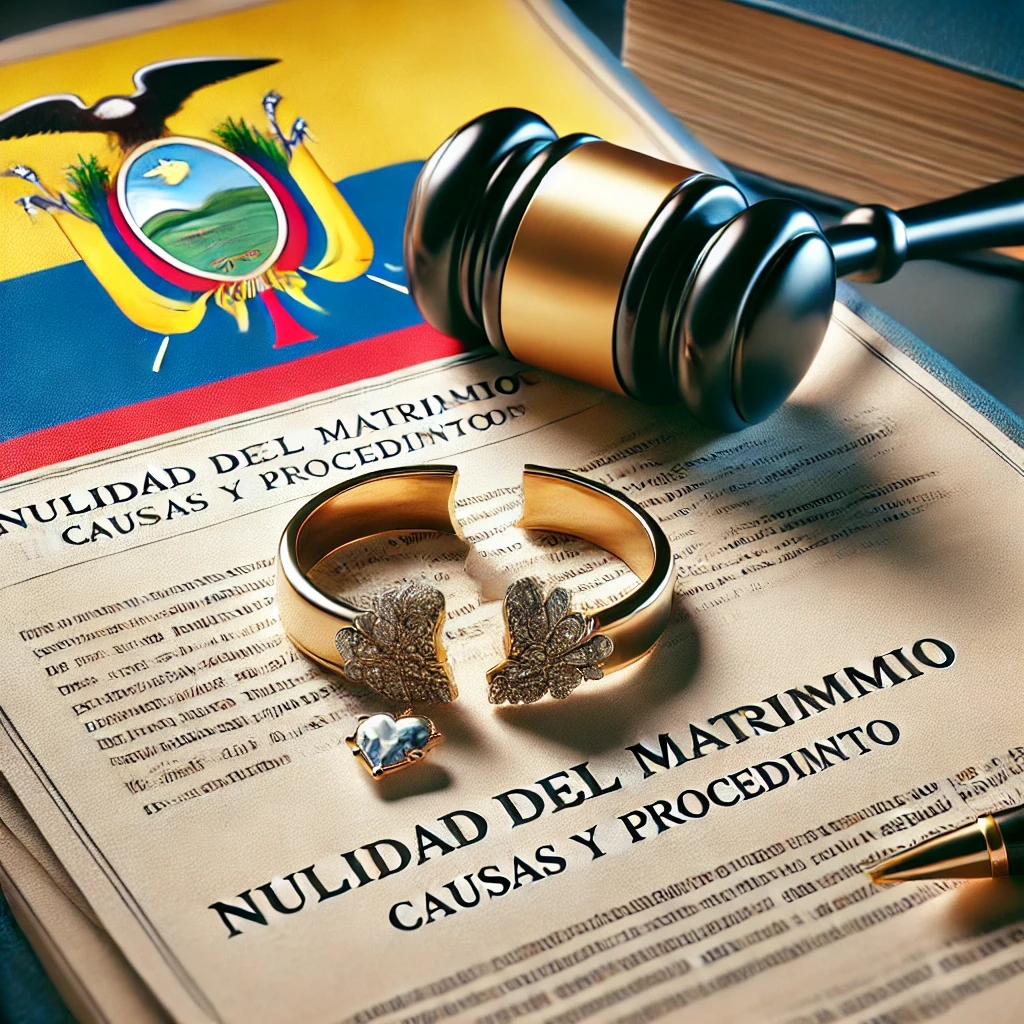 Ilustración digital profesional que simboliza la nulidad del matrimonio en Ecuador. La imagen muestra una pareja separándose frente a un documento de anulación matrimonial, con un juez validando el proceso. Elementos como anillos rotos y un sello de 'NULO' refuerzan el concepto de la disolución legal del matrimonio. Perfecta para contenidos sobre divorcio, nulidad matrimonial y trámites legales en Ecuador.