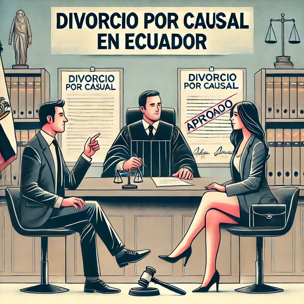 Ilustración representando el proceso legal del divorcio por causal en Ecuador. Abogado especializado en divorcios explicando requisitos y procedimientos en una oficina jurídica. Guía sobre divorcio contencioso, pruebas necesarias y derechos legales en separación matrimonial. Información clave sobre causales de divorcio en Ecuador y asesoría legal.