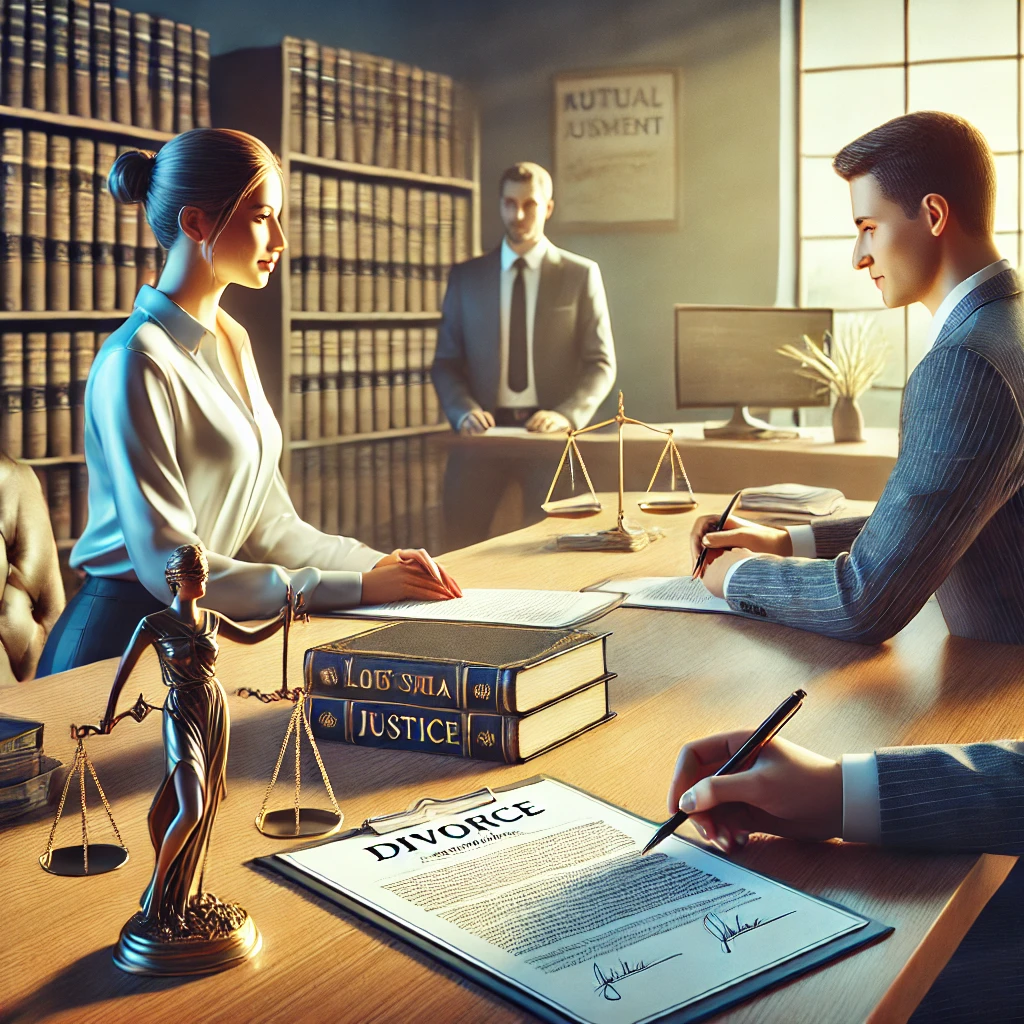 Ilustración representativa del proceso de divorcio por mutuo consentimiento en Ecuador. Un abogado especializado asesora a una pareja en su separación amistosa, gestionando los requisitos y trámites legales. El divorcio por mutuo acuerdo es la forma más rápida y sencilla de disolver un matrimonio sin conflictos, permitiendo a ambas partes resolver temas como la custodia de los hijos, la pensión alimenticia y la división de bienes de manera legal y eficiente. Infórmate sobre cómo iniciar el proceso y los beneficios de optar por un divorcio de mutuo acuerdo con asesoría profesional.