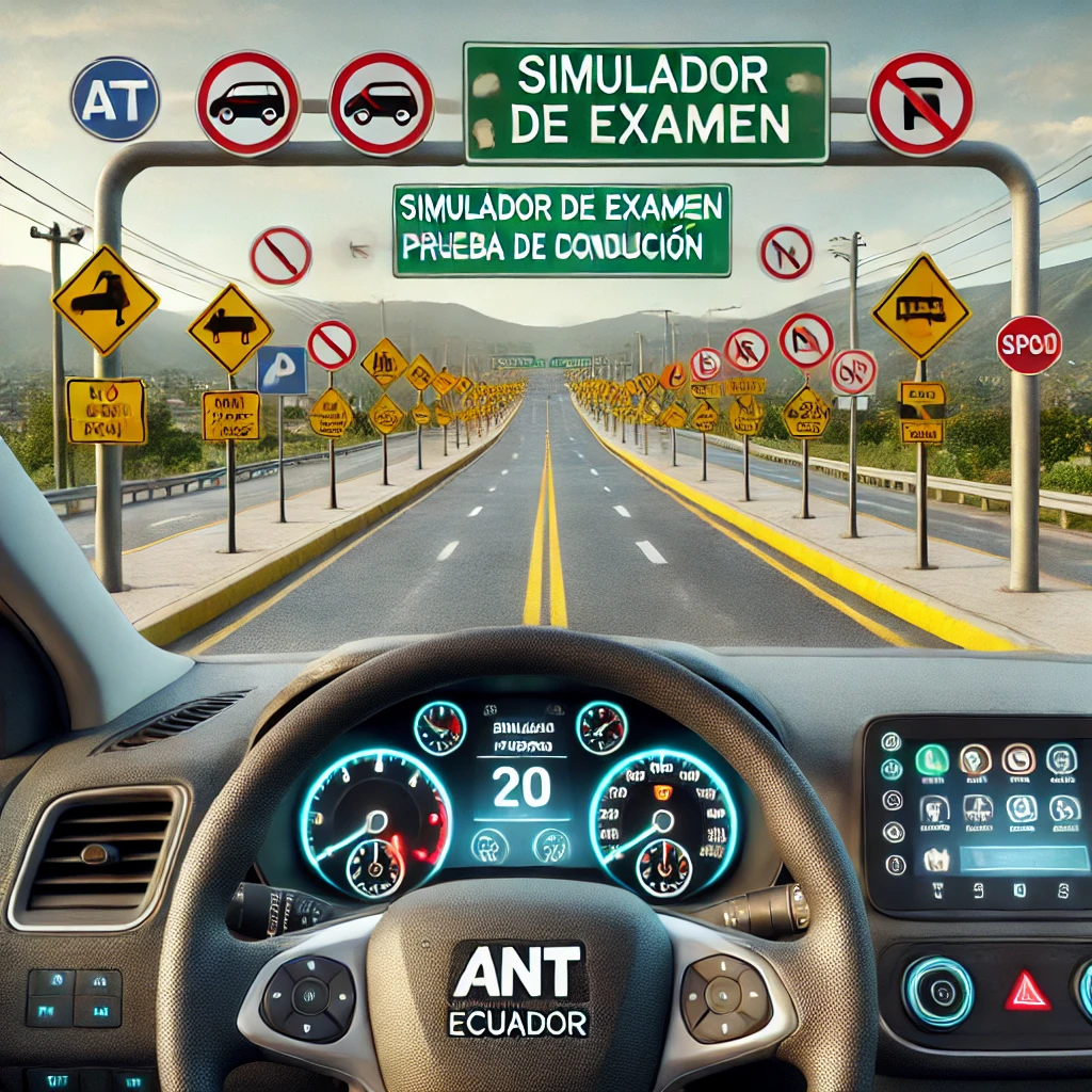 Simulador de examen de conducción ANT Ecuador | Prueba interactiva de tránsito para la Agencia Nacional de Tránsito. Consulta de multas ANT, reglas de tránsito, señales de tránsito Ecuador y normativa vial actualizada. Simulación de licencia de conducir con preguntas oficiales y test práctico para aprobar el examen de manejo. Incluye consulta de licencias, infracciones vehiculares y requisitos para obtener la licencia de conducir en Ecuador.