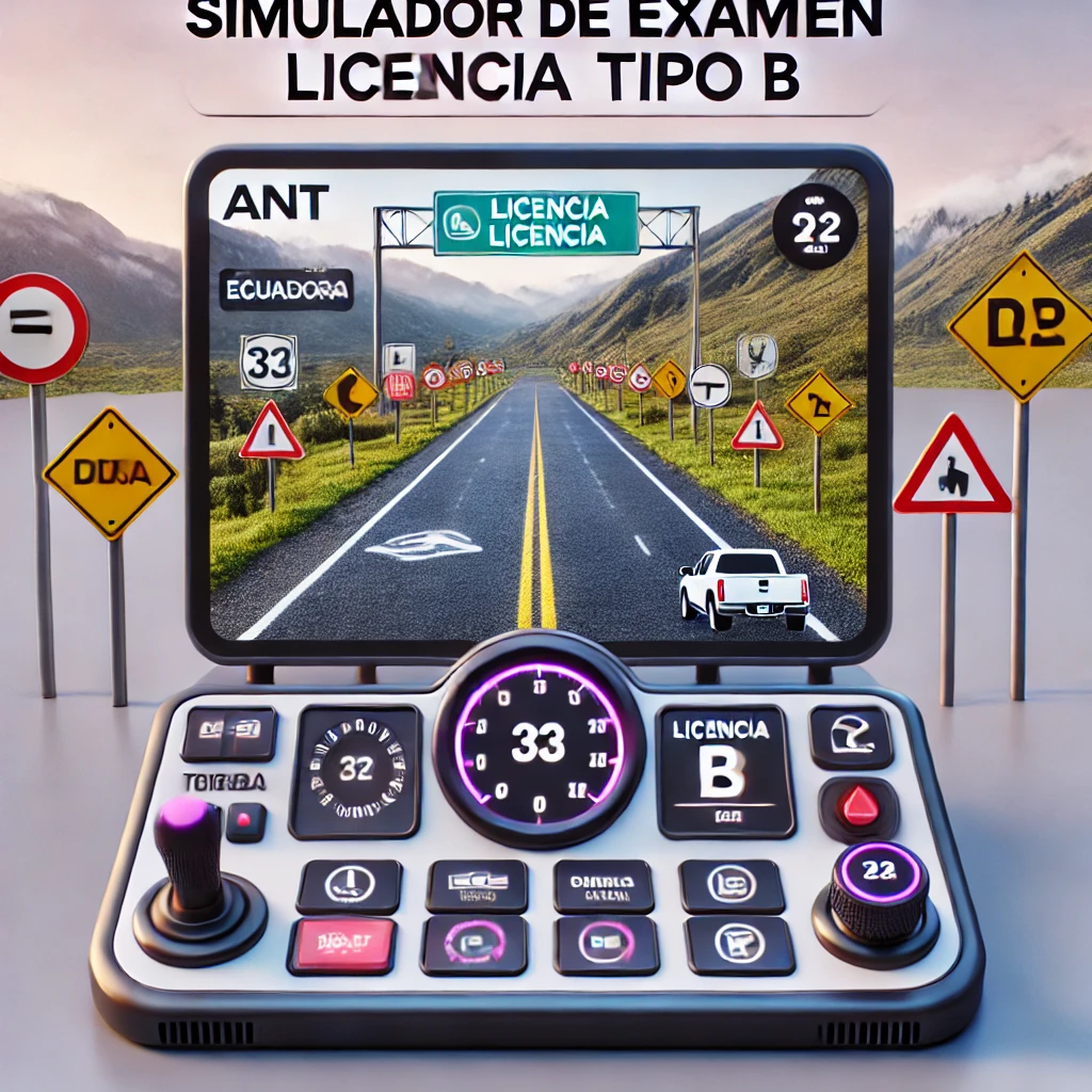 Simulador de examen licencia tipo B en Ecuador | ANT | Prueba de conducción virtual con señales de tránsito oficiales, normativa vial y práctica de examen teórico de la Agencia Nacional de Tránsito (ANT Ecuador). Consulta el simulador de licencia de conducir tipo B, práctica de test de conducción, consulta de preguntas de tránsito, señales viales y normativa vigente. Simulador ANT Ecuador 2025 para aprobar el examen teórico de licencia de conducir. Consulta de licencia de conducir Ecuador y requisitos para obtener la licencia tipo B