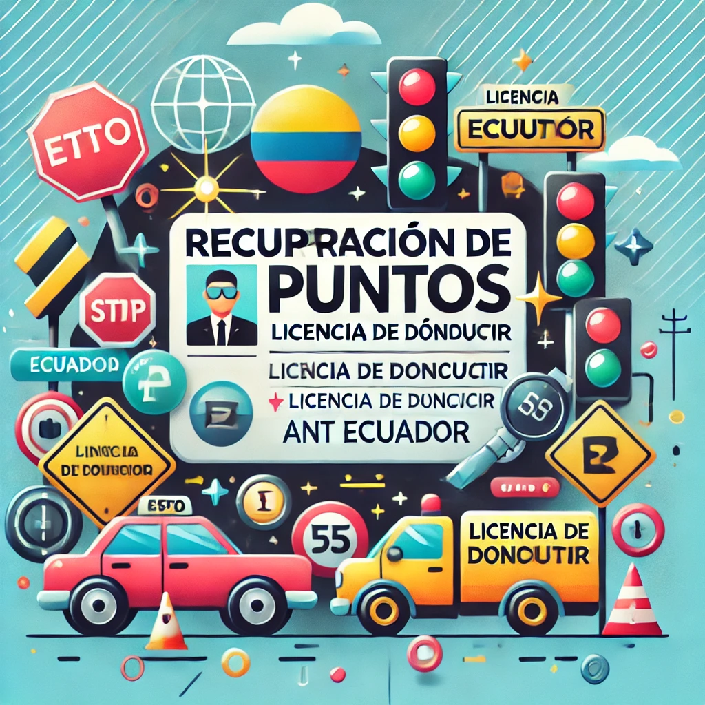 cómo recuperar los puntos de la licencia de conducir en Ecuador emitida por la ANT (Agencia Nacional de Tránsito). La imagen muestra claramente conceptos clave como recuperación de puntos, licencia de conducir ecuatoriana, cursos de recuperación de puntos, educación vial, examen de recuperación de puntos, sanciones de tránsito, consulta de puntos ANT, infracciones de tránsito, procedimiento para recuperar puntos, multas de tránsito Ecuador, capacitaciones autorizadas por la ANT, manejo responsable, seguridad vial Ecuador y reintegro automático de puntos en la licencia. Optimizada para posicionamiento SEO con todas las palabras claves relevantes sobre recuperación de puntos ANT Ecuador.