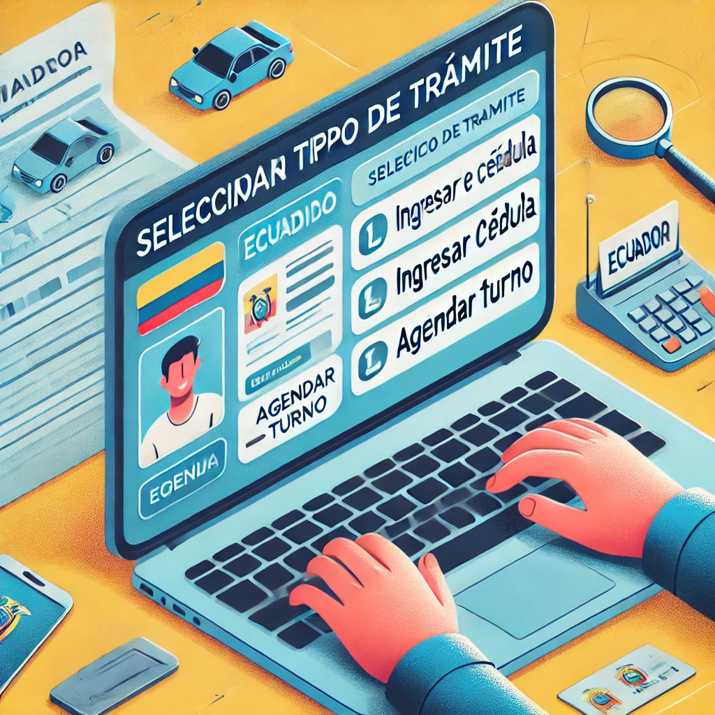 Persona agendando turno en línea para licencia de conducir en Ecuador a través del sitio web de la ANT, con texto visible como “Seleccionar tipo de trámite”, “Ingresar cédula” y “Agendar turno”. Ilustración clara y moderna con colores de la bandera de Ecuador. Ideal para guía paso a paso sobre cómo obtener, renovar o sacar duplicado de la licencia de conducir en Ecuador.