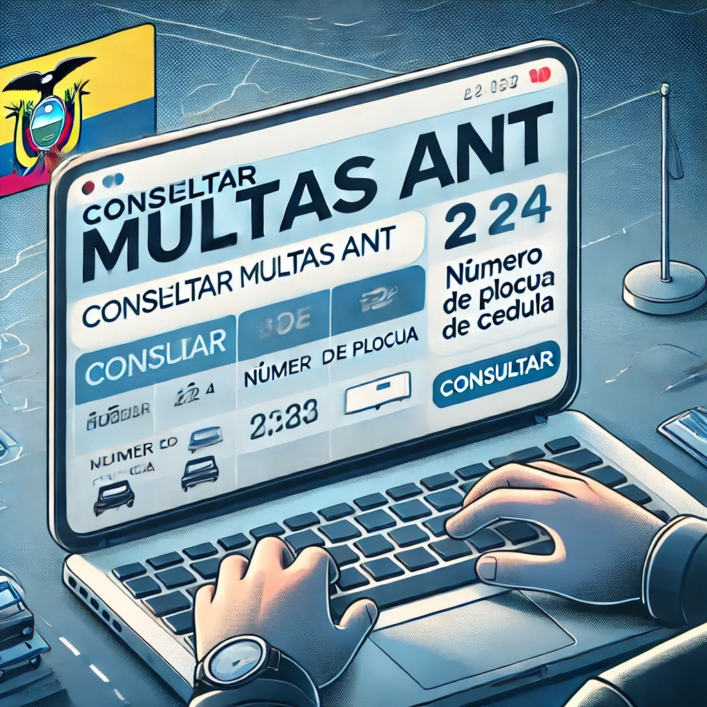 Ilustración profesional de una persona consultando multas de tránsito en línea en el sitio web oficial de la ANT Ecuador, con texto claro y legible en pantalla: “CONSULTAR MULTAS ANT”, “NÚMERO DE PLACA”, “NÚMERO DE CÉDULA” y botón “CONSULTAR”. Imagen representativa del proceso para consultar multas por placa o cédula, revisar infracciones de tránsito en Ecuador, y acceder al sistema de consulta de citaciones en la Agencia Nacional de Tránsito.