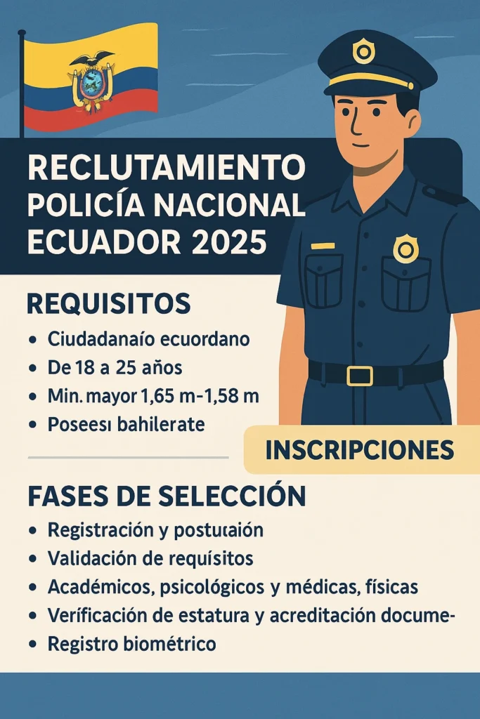 Ilustración digital del proceso de reclutamiento 2025 de la Policía Nacional del Ecuador. Se muestra a jóvenes aspirantes registrándose en línea desde un ordenador, junto a elementos gráficos como el escudo policial, calendario de inscripciones y lista de requisitos. Imagen institucional con enfoque en requisitos, postulación, pruebas físicas y fases del proceso de selección para ingresar a la Policía Nacional.