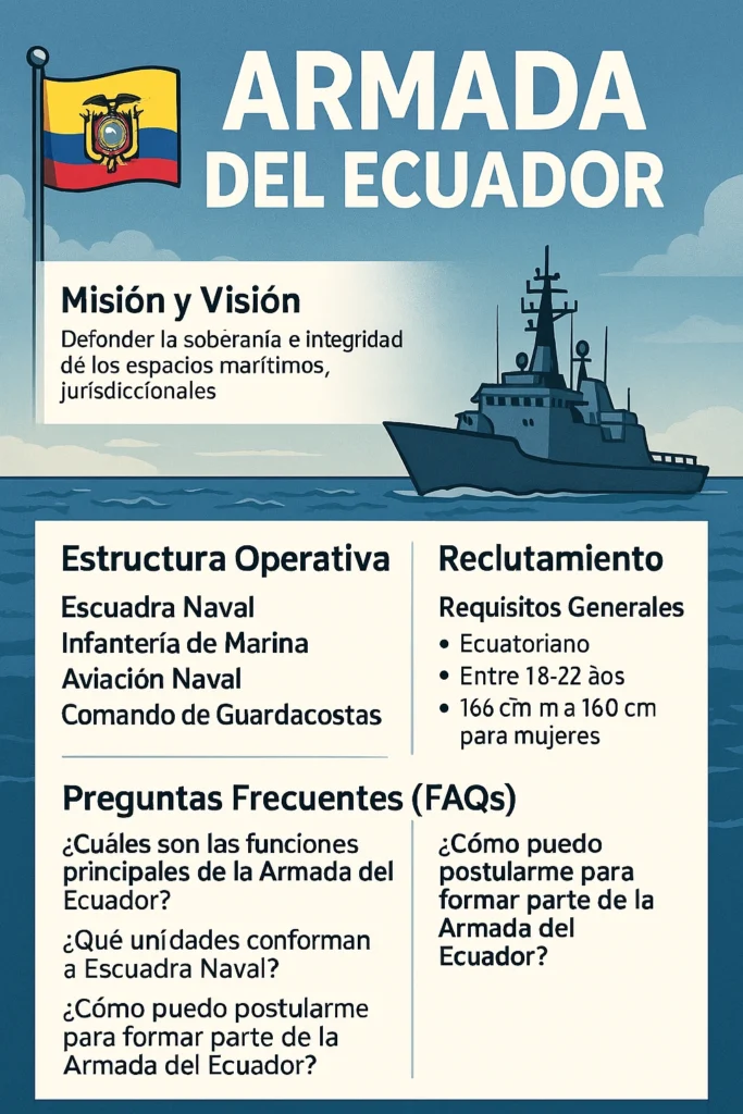 Ilustración digital representando la estructura y funciones principales de la Armada del Ecuador. Se visualizan embarcaciones militares, personal naval uniformado, un escudo institucional y elementos gráficos informativos sobre la misión, visión y procesos de reclutamiento. Imagen educativa ideal para explicar el papel de la Armada ecuatoriana en la defensa marítima y el desarrollo nacional.