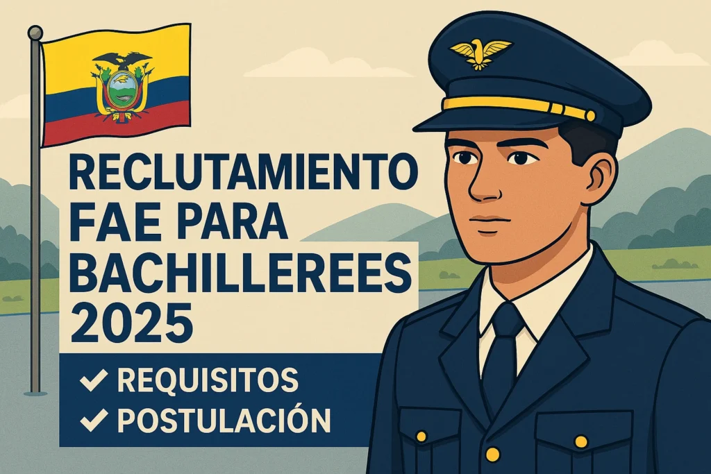 Proceso de reclutamiento 2025 de la Fuerza Aérea Ecuatoriana (FAE) para bachilleres: inscripciones, requisitos y fases de selección para aspirantes a oficiales y aerotécnicos."
Este texto alternativo incorpora palabras clave relevantes como "reclutamiento 2025", "Fuerza Aérea Ecuatoriana", "bachilleres", "inscripciones", "requisitos" y "fases de selección", lo que contribuye a mejorar la optimización en motores de búsqueda.