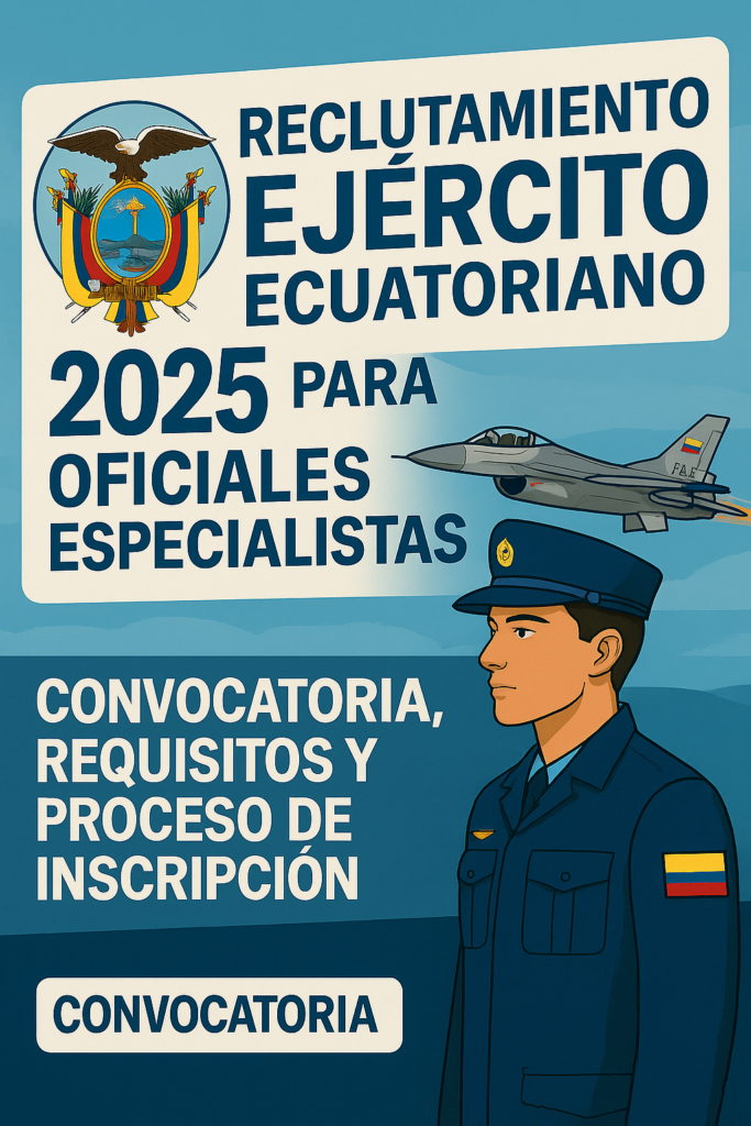 Ilustración digital oficial del proceso de reclutamiento 2025 para Oficiales Especialistas de la Fuerza Aérea Ecuatoriana (FAE), mostrando diseño profesional con fondo institucional, insignias militares, avión representativo y mensaje visual claro sobre convocatoria, requisitos e inscripción para aspirantes bachilleres en Ecuador. Imagen optimizada en formato WebP para mejorar posicionamiento en Google.